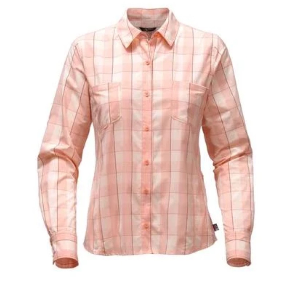 The North Face Long Sleeve Sunblocker Button Shirt Coral Plaid Pockets Women’s S